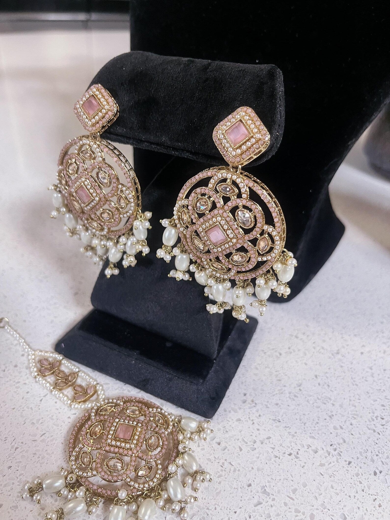 Baby Pink Choker Necklace, Earrings & Tikka Set | Lightweight Indian Jewelry | South Asian Jewelry | Pink Partywear Earrings | Pink Necklace