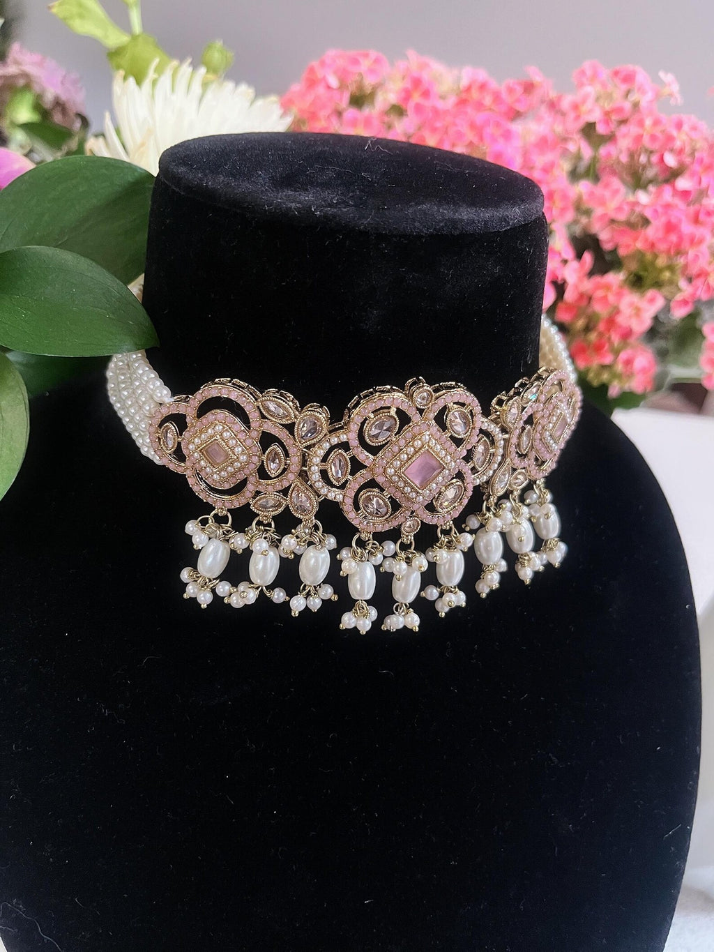 Baby Pink Choker Necklace, Earrings & Tikka Set | Lightweight Indian Jewelry | South Asian Jewelry | Pink Partywear Earrings | Pink Necklace