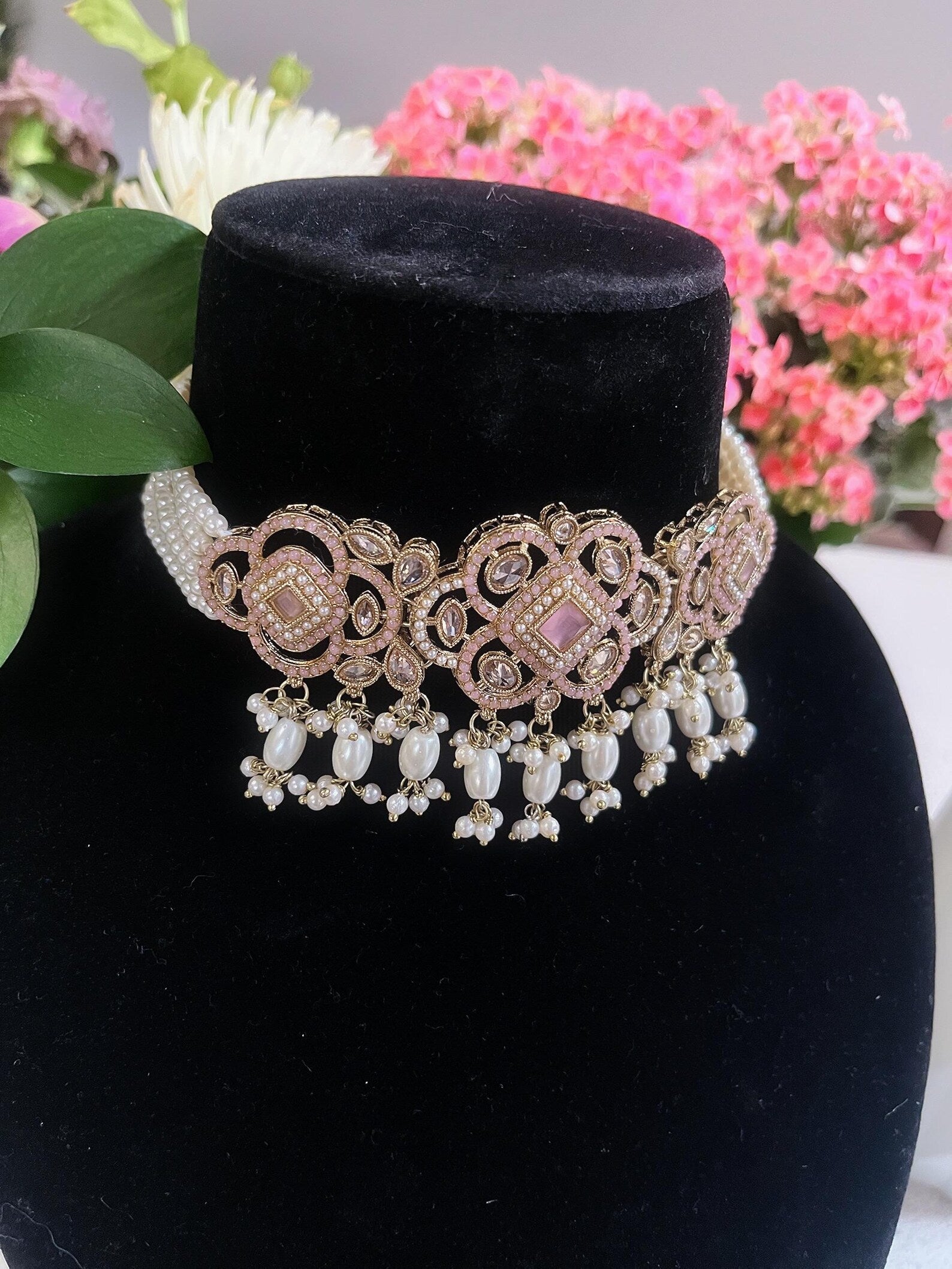 Baby Pink Choker Necklace, Earrings & Tikka Set | Lightweight Indian Jewelry | South Asian Jewelry | Pink Partywear Earrings | Pink Necklace