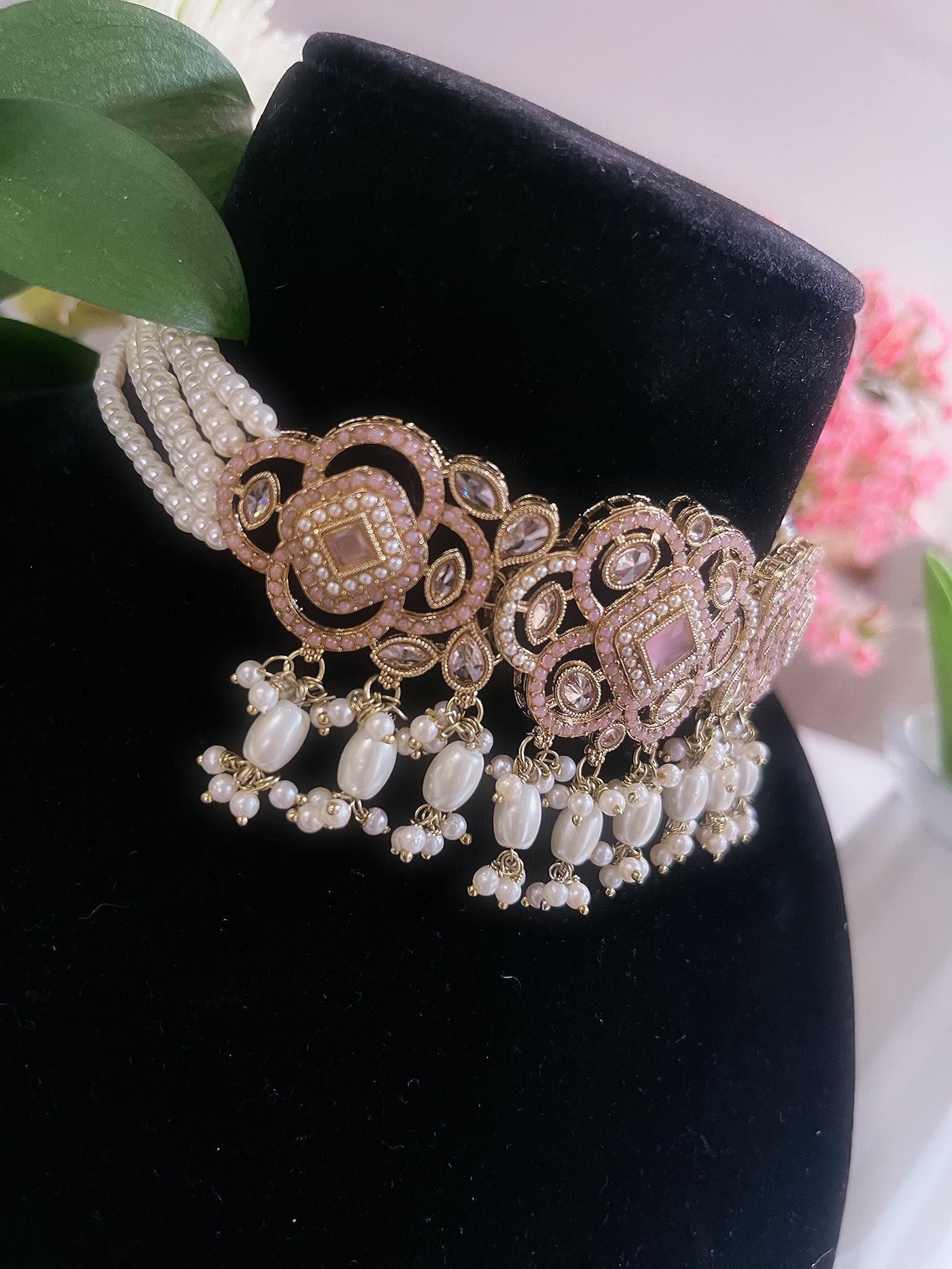 Baby Pink Choker Necklace, Earrings & Tikka Set | Lightweight Indian Jewelry | South Asian Jewelry | Pink Partywear Earrings | Pink Necklace