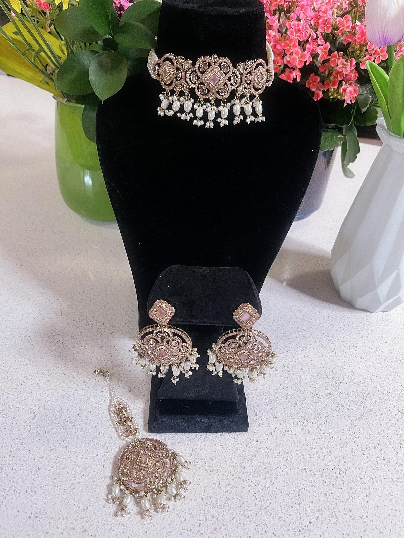 Baby Pink Choker Necklace, Earrings & Tikka Set | Lightweight Indian Jewelry | South Asian Jewelry | Pink Partywear Earrings | Pink Necklace