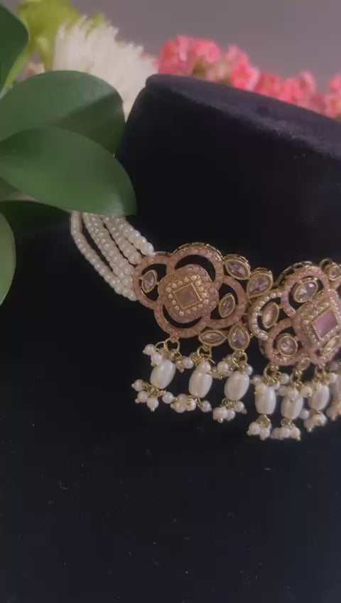 Baby Pink Choker Necklace, Earrings & Tikka Set | Lightweight Indian Jewelry | South Asian Jewelry | Pink Partywear Earrings | Pink Necklace